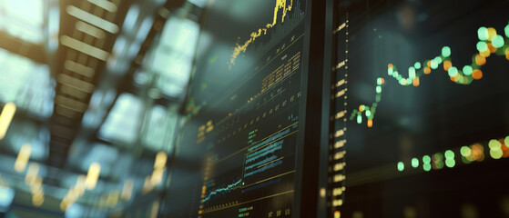 Stock market data displays on screens in a dimly lit room, capturing the fluctuating graphs and rapid changes of the financial world.