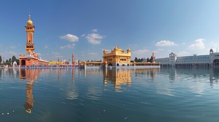 Fototapeta premium A panoramic view of the holy city of Amritsar, with the Golden Temple's golden dome reflecting in the surrounding water, and devotees gathered for prayer