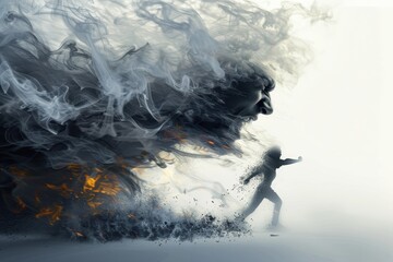 Athlete running away from giant angry face made of smoke and fire