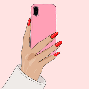 Mockup Case Phone in Woman Hand with Red Nails Isolated Template on Pink Background.