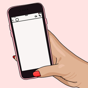 Illustration of a Woman's Hand Holding Blank Screen Smartphone. Mockup Template with Copy Space Isolated on Pink background