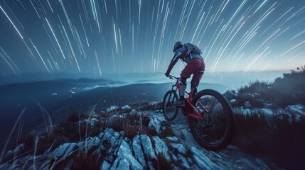 Naklejka premium Night Rider Conquering Trails Under a Blanket of Stars AweInspiring Adventure and Boundless Passion in the Wilderness