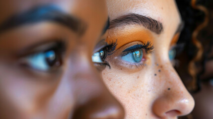 close up of 2 people with different skin color eye colour showing diversity