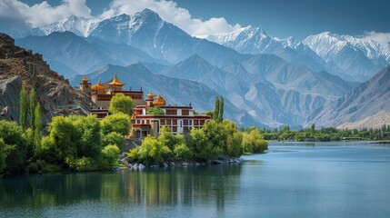 Fototapeta premium The picturesque landscape of Ladakh, with its stark mountain ranges, crystal-clear lakes, and the unique architecture of Buddhist monasteries perched on hilltops