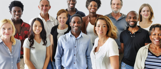 Obraz premium A diverse group of people smiles warmly at the camera, reflecting unity and community in a bright, positive atmosphere.