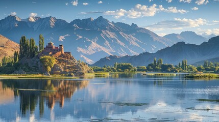 The picturesque landscape of Ladakh, with its stark mountain ranges, crystal-clear lakes, and the unique architecture of Buddhist monasteries perched on hilltops