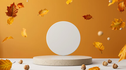 3D podium on a gradient background with autumn leaves theme surrounded by falling leaves acorns and a cozy atmosphere brown to gold gradient 