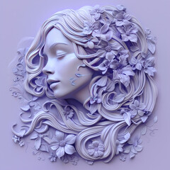 3D bas-relief of a beautiful girl close-up in lilac tones. A resource for creativity, interior decor for exhibition halls, print for clothes, printing in catalogs.