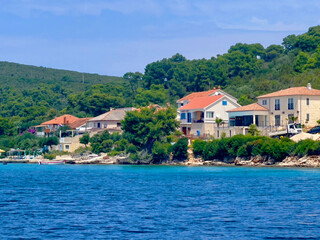 Fototapeta premium houses on the shore of the water with trees in the background