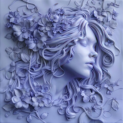 3D bas-relief of a beautiful girl close-up in lilac tones. A resource for creativity, interior decor for exhibition halls, print for clothes, printing in catalogs.