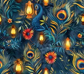 Opulent Rajasthani Inspired Peacock Feather and Mehndi Lamp Pattern Meticulously Rendered Jewel Toned Floral Henna Motifs in a Shimmering Iridescent