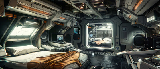 A sleek, modern space station interior with minimalist design and advanced technology, evoking a sense of futuristic living quarters.