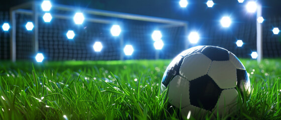 Close-up of a soccer ball on lush green grass under bright stadium lights, capturing the anticipation and energy of an upcoming game.