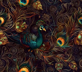 Fototapeta premium Majestic Peacock Feathers Intertwined with Ornate Mehndi Patterns and Radiant Traditional Lamps in a Architectural