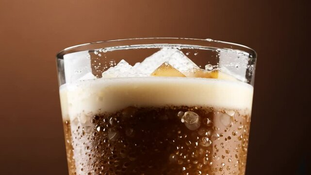 Large glasses of cold frappe coffee with ice and foam against a dark background