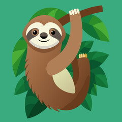 sloth hanging on a branch in cartoon vector style