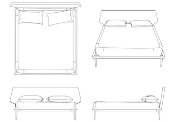 Vector Line Art of Bed. Interior Design and Bedroom Decoration Concepts with Front, Side, and Top Views