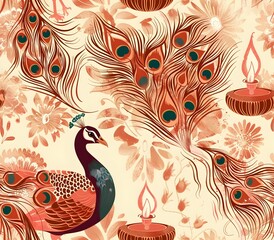 Majestic Peacock Feathers Entwined with Ethereal Mehndi Designs and Flickering Diya Flames