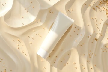 Fototapeta premium Minimalist white cosmetic tube on textured beige background with scattered grains. Ideal for skincare or beauty product presentations.