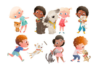 Children boys and girls with dogs clipart collection. Happy kids playing with dogs and puppy pets. Isolated vector clip art collection, graphic illustrations for children.