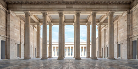 Fototapeta premium Unified Structure: An architectural shot of a grand government building with sleek columns and a symmetrical facade.