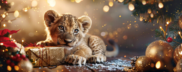 A happy lion cub playing with a Christmas gift box, surrounded by festive decorations and twinkling lights.