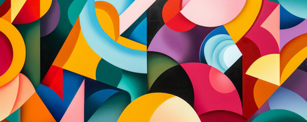 Obraz premium Modern art mural wallpaper background showcasing overlapping geometric forms in bold colors, creating a vibrant and energetic visual effect.