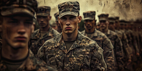 Fototapeta premium Rigid Discipline: A military-style training session, with soldiers marching, doing drills, and listening intently to their commander.