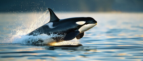 Fototapeta premium A majestic orca leaps from the glistening sea at sunset, capturing the beauty and power of marine life.