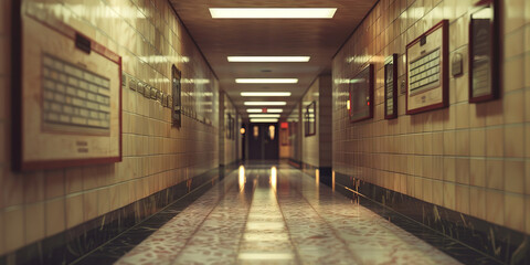 The Ordered Oasis: A government building's pristine hallway with rows of nameplates and framed awards.