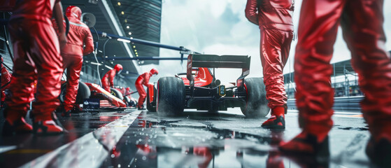 Obraz premium A dynamic pit stop scene with a racing car surrounded by a team in red uniforms, readying the vehicle in preparation for the next lap.