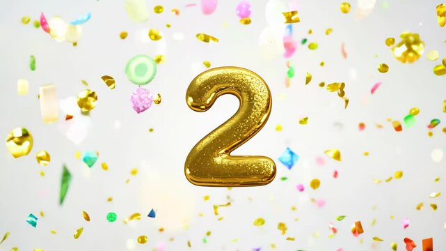 Golden number 2 on a light background surrounded by confetti and sparkles