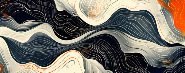 Modern art mural wallpaper background with intricate line work and abstract patterns in contrasting colors, creating a striking and sophisticated visual effect.