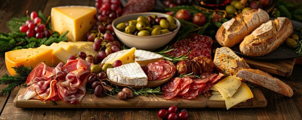 A rustic breakfast spread with assorted cheeses, cured meats, fresh bread, olives, and a bowl of fresh fruit, set on a wooden table.