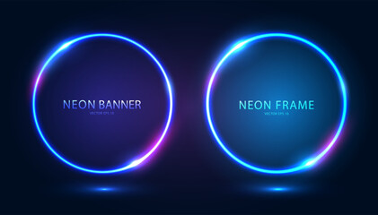 A set of two round neon frames with shining effects and highlights on a dark background. Futuristic modern neon glowing banners. Vector EPS 10.