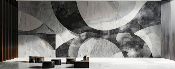 Modern art mural wallpaper background featuring a mix of angular and curvilinear shapes in monochrome, forming a sophisticated and modern look.