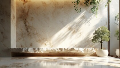 Mockup, minimalistic stage with raw stone podium, natural pedestal on a natural stone background