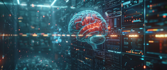 Obraz premium This image features a highly advanced AI brain interface set against a backdrop of intricate digital circuitry.