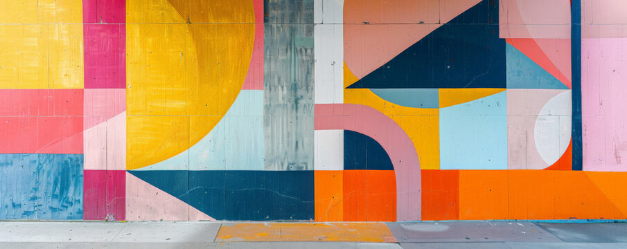 Modern art mural wallpaper background featuring bold color blocks and geometric shapes in a vibrant palette, creating a playful and dynamic composition.