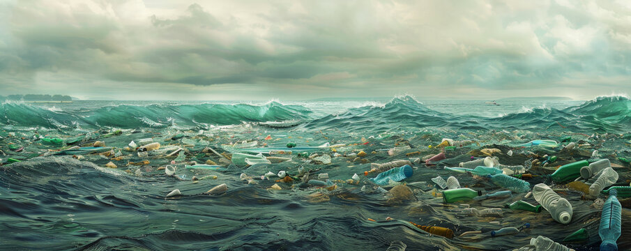A polluted ocean scene with floating plastic bottles and bags, highlighting the environmental crisis. Copy space available in the upper right corner for a message about ocean conservation.