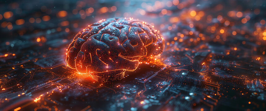 This image features a highly advanced AI brain interface set against a backdrop of intricate digital circuitry.