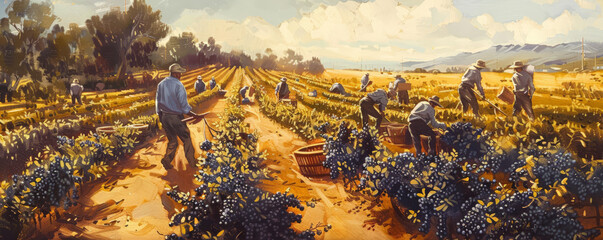 A scene of blueberry harvesting with workers collecting berries in a sunny field, with rows of bushes.