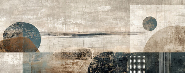 Modern art mural wallpaper background with abstract shapes and textures in a muted color palette, forming a calm and sophisticated design.