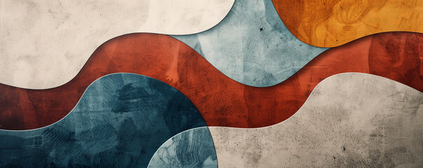 Modern art mural wallpaper background showcasing overlapping shapes and textures in a gradient color palette, forming a harmonious and fluid design.