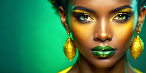 Beautiful woman with glossy green  lips and golden earrings, close-up, fashion model.