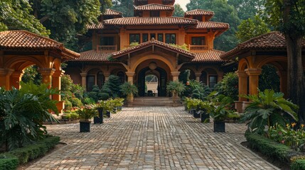 Fototapeta premium The serene beauty of a traditional Indian meditation retreat, with simple architecture, peaceful surroundings, and the spiritual practices that take place within