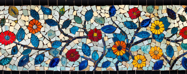 Colorful mosaic with a floral motif, using a diverse color palette to create a beautiful and intricate pattern.