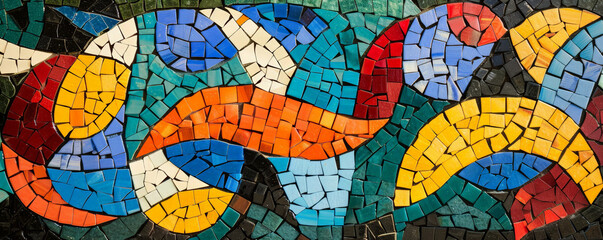 Colorful mosaic with a modern art influence, using a mix of colors and abstract shapes to create a bold and contemporary design.