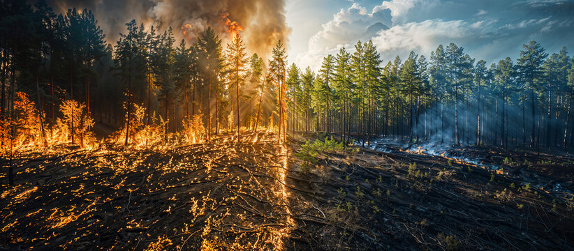 A split-screen view of a burning forest. Creative background  of a fires and forest protection in summer. The left side depicts the active fire, flames and the right side shows a still green forest. 