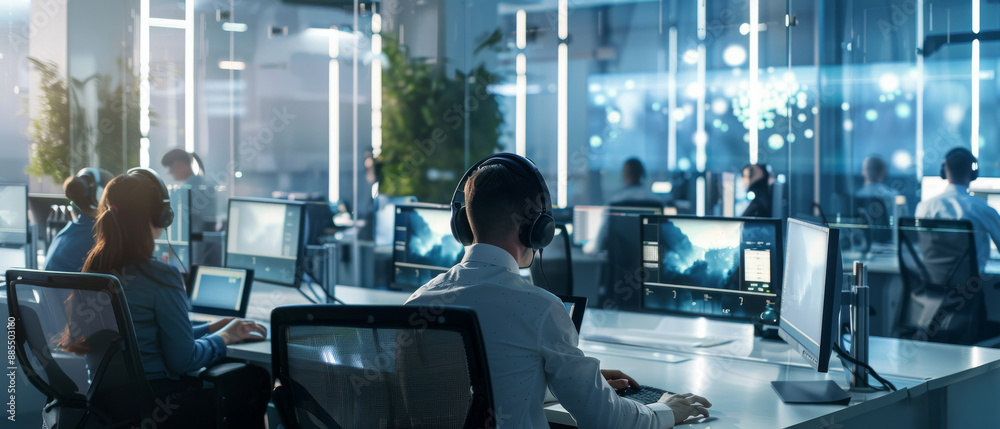 Wall mural modern office environment with employees working on computers, focused on screens displaying data an